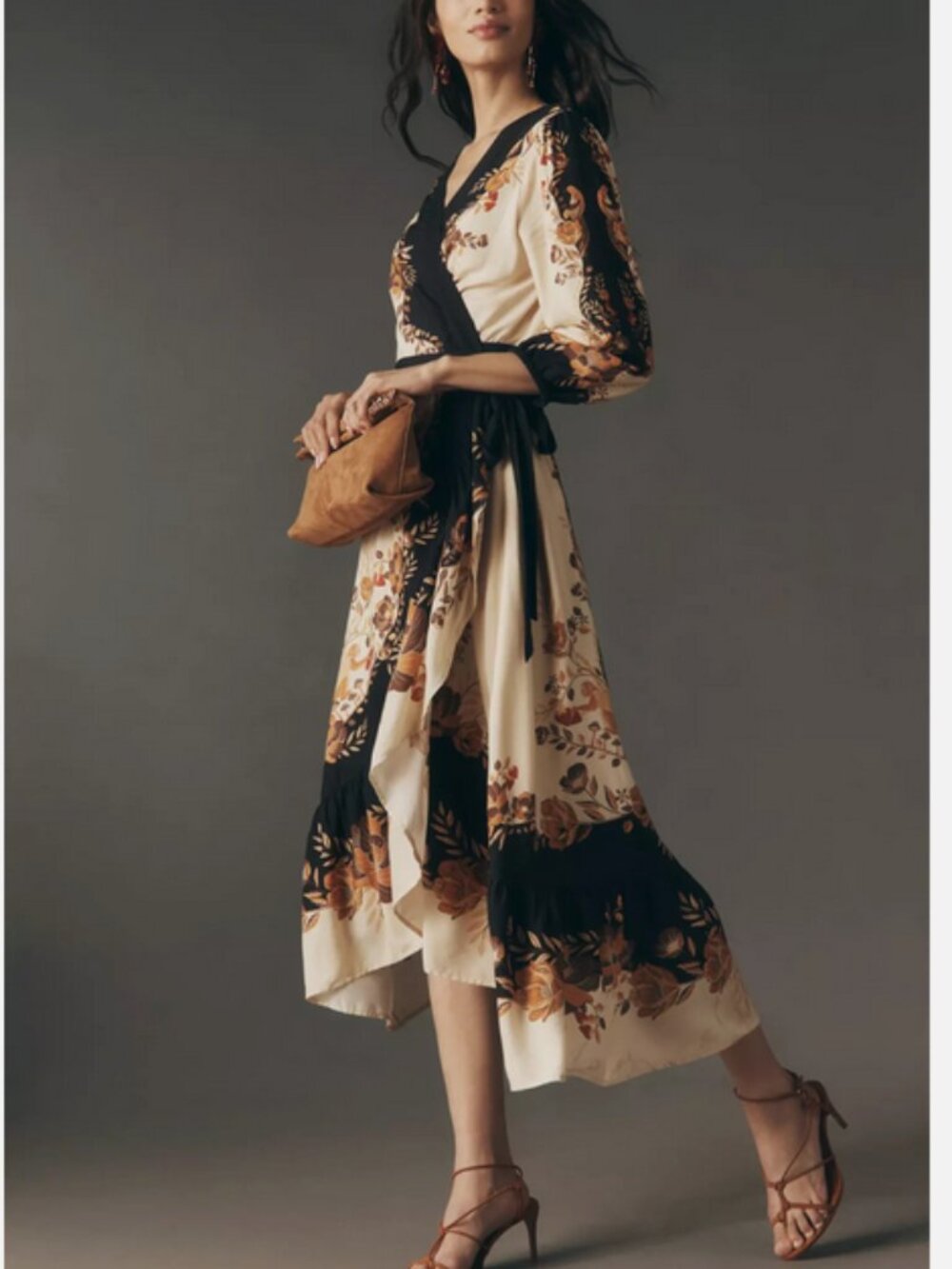 Farm Rio Anthropologie Long-Sleeve Wrap Midi Dress Size XXS NWT Orange Floral - Picture 6 of 6